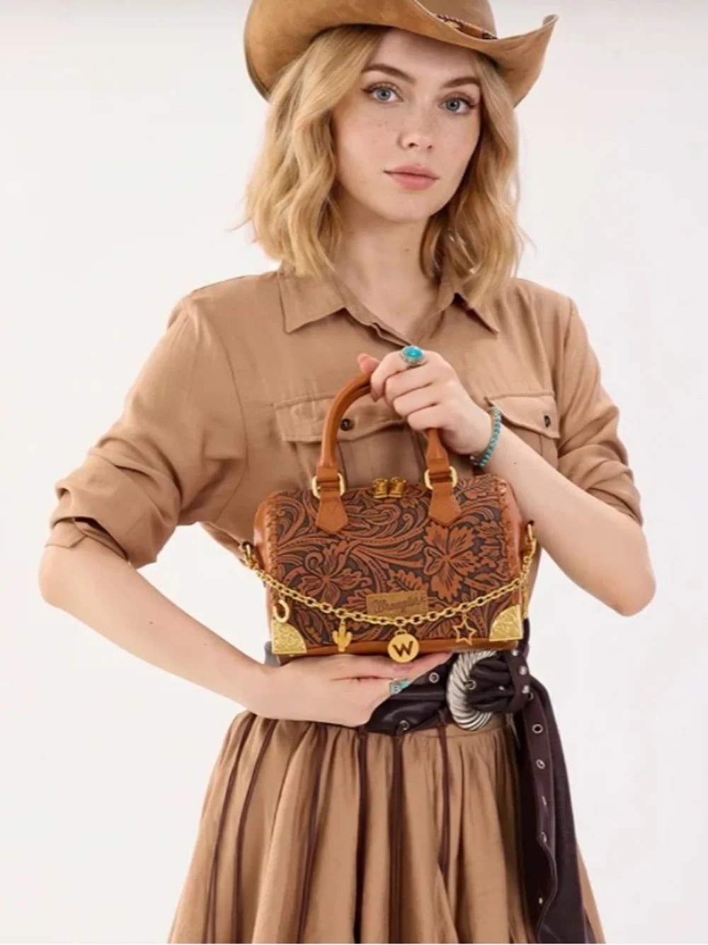 Wrangler Genuine Leather Tooled Floral Boston Crossbody Bag with Charm Chain nwt